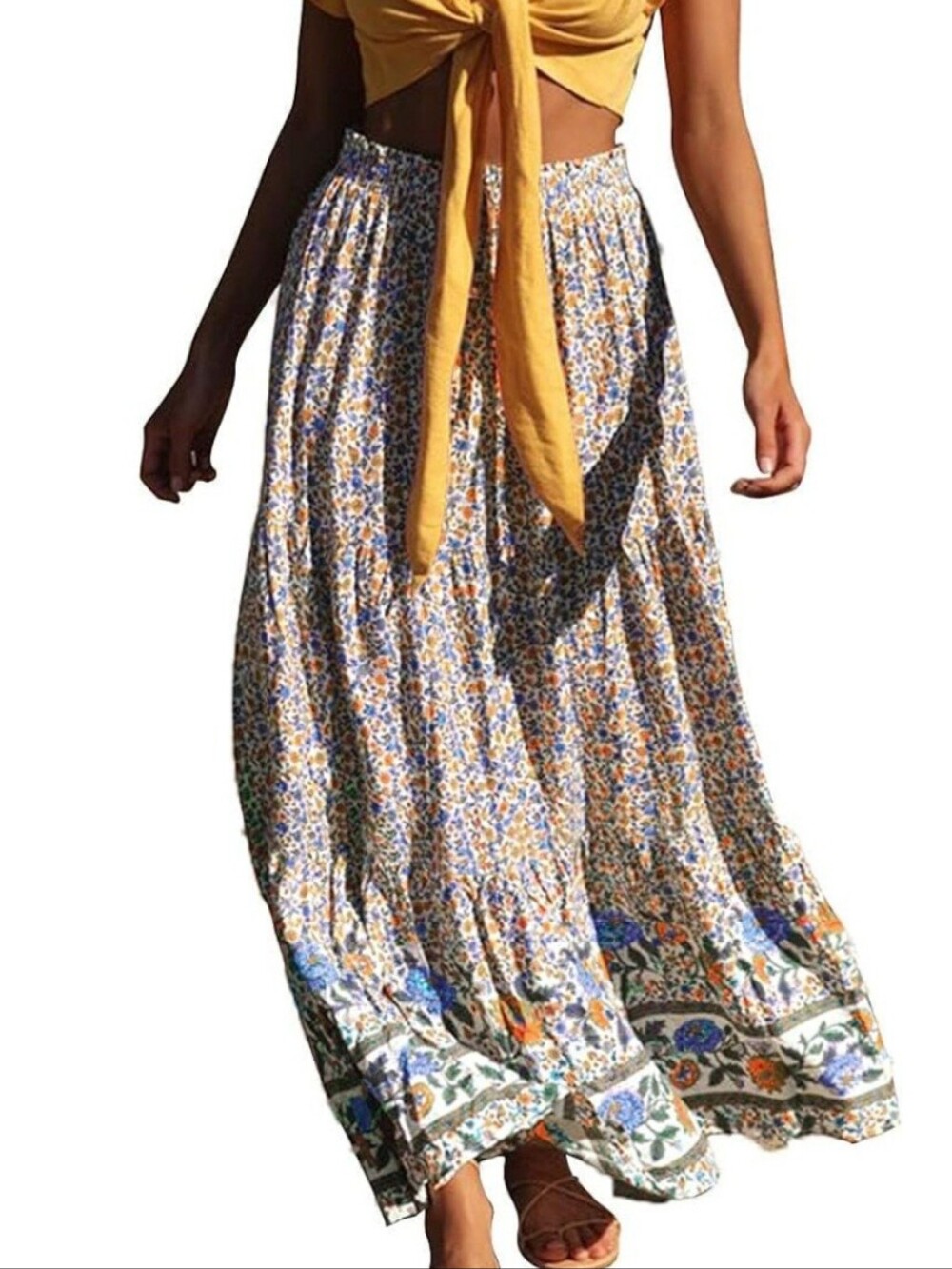 Chic Floral Maxi Skirt in Orange and Blue